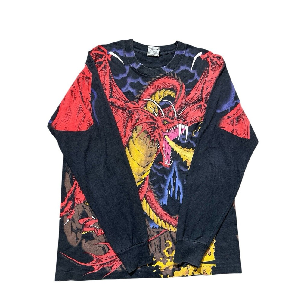 Vtg Liquid Blue 1993 Dragon Vs Knight  D&D All Over Print Long Sleeve Rare HTF